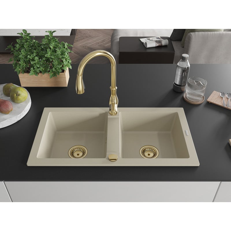 Mexen Mario évier en granit 2 cuves avec robinet de cuisine Savita, beige - 6504-69-672601-50