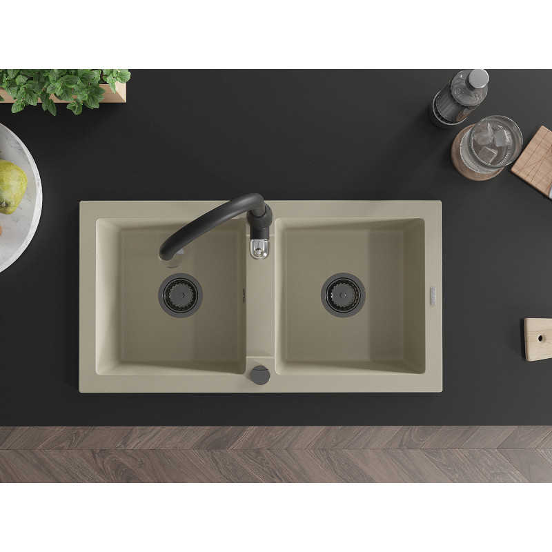Mexen Mario évier granit 2 bacs avec robinet de cuisine Savita, beige - 6504-69-672601-70