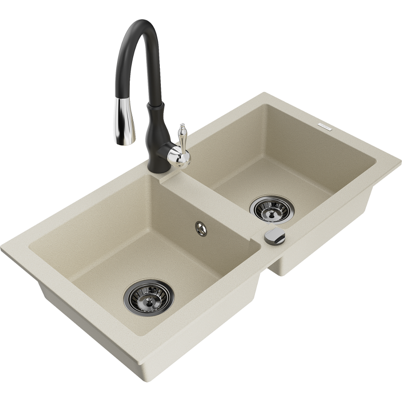 Mexen Mario évier granit 2 bacs avec robinet de cuisine Savita, beige - 6504-69-672601-70