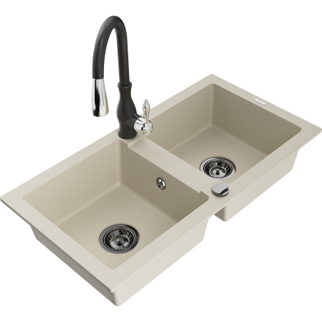 Mexen Mario évier granit 2 bacs avec robinet de cuisine Savita, beige - 6504-69-672601-70