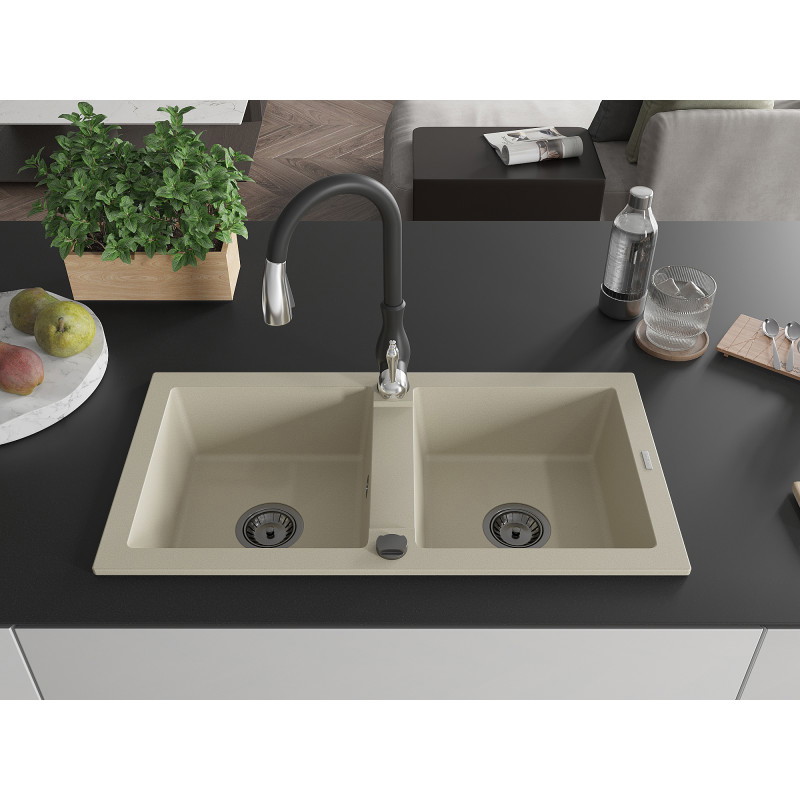 Mexen Mario évier granit 2 bacs avec robinet de cuisine Savita, beige - 6504-69-672601-70