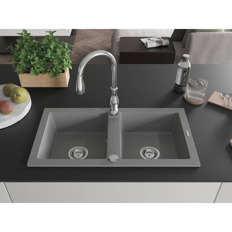 Mexen Mario évier en granit 2 bacs avec mitigeur de cuisine Savita, gris - 6504-71-672601-00