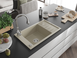 Mexen Elias évier en granit 1-bassin avec égouttoir et robinet de cuisine Savita, beige - 6511-69-672601-00