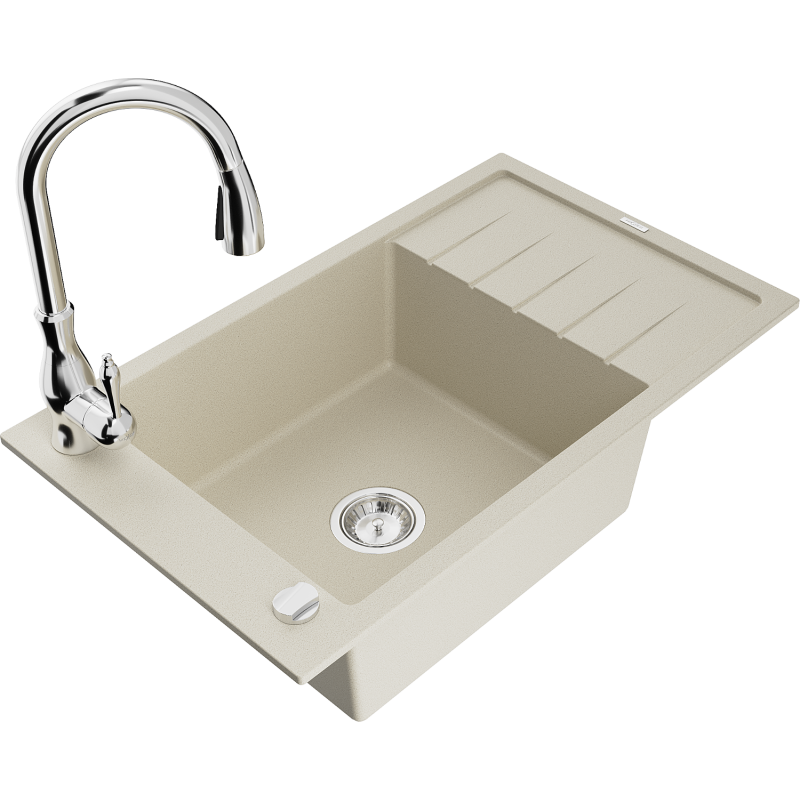 Mexen Elias évier en granit 1-bassin avec égouttoir et robinet de cuisine Savita, beige - 6511-69-672601-00