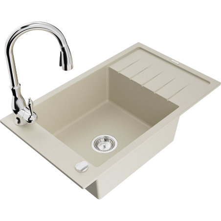 Mexen Elias évier en granit 1-bassin avec égouttoir et robinet de cuisine Savita, beige - 6511-69-672601-00