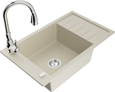 Mexen Elias évier en granit 1-bassin avec égouttoir et robinet de cuisine Savita, beige - 6511-69-672601-00