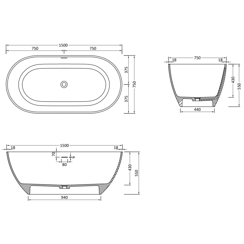 Mexen Rimini baignoire autoportante en composite 150 x 75 cm, blanc mat - 57241507500