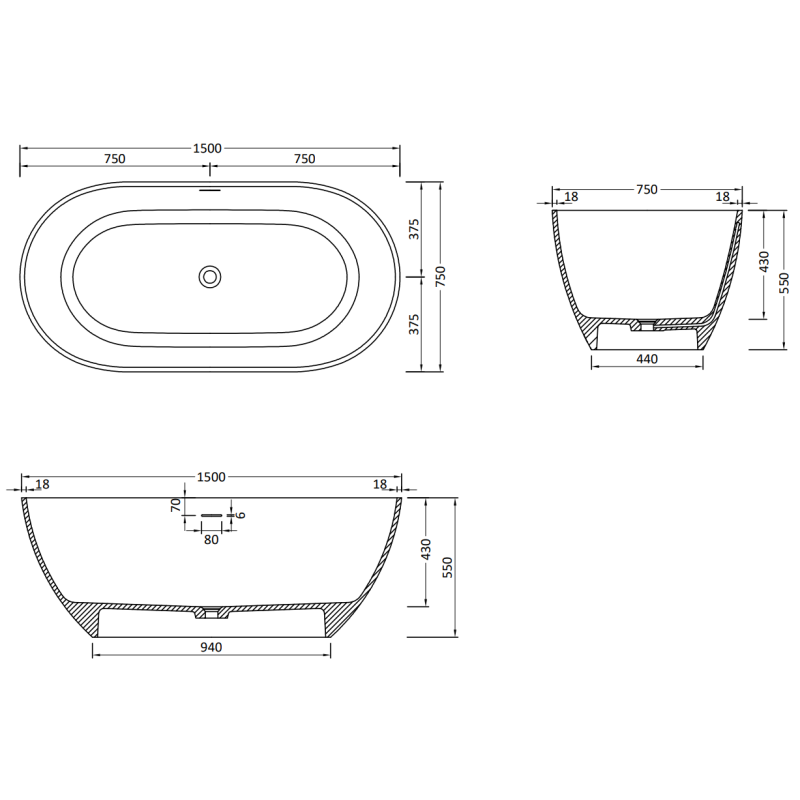 Mexen Rimini baignoire autoportante en conglomérat 150 x 75 cm, blanc mat - 57241507500