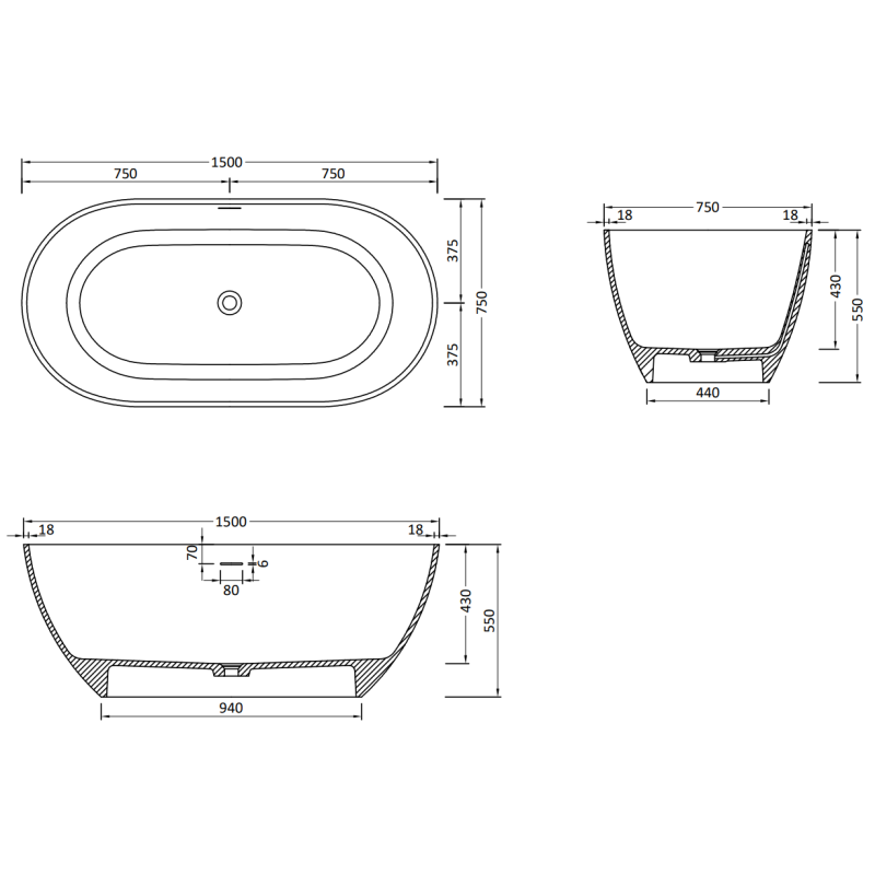 Mexen Rimini baignoire autoportante en conglomérat 150 x 75 cm, noir mat - 57241507570
