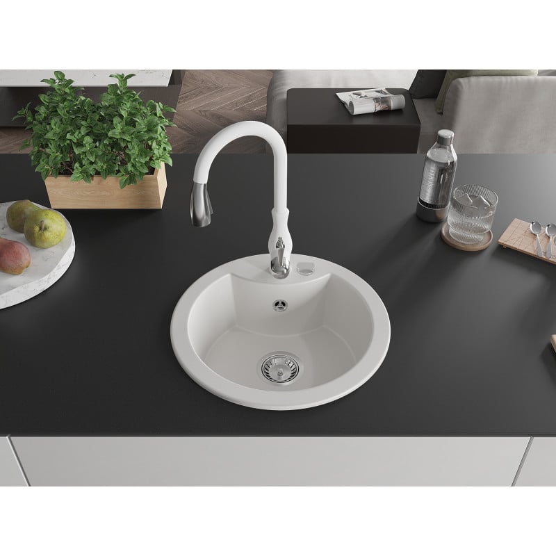Mexen Diego évier en granit 1 bac avec robinet de cuisine Savita, blanc - 6512-20-672601-20