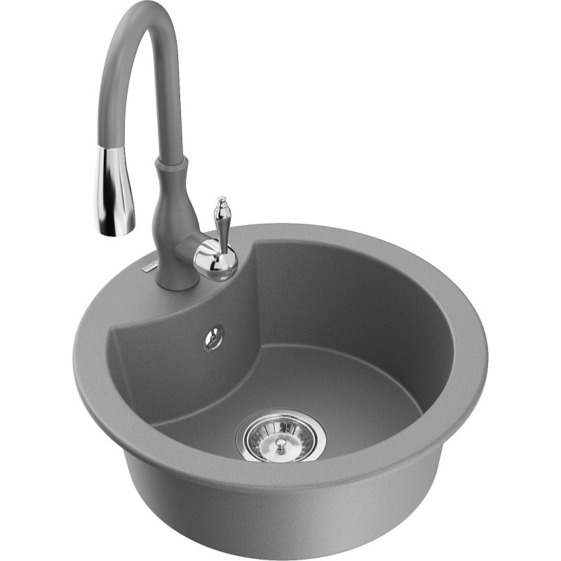 Mexen Diego évier en granit 1-cuvette avec robinet de cuisine Savita, gris - 6512-71-672601-71