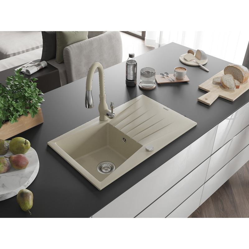 Mexen Cesar évier en granit 1 bac avec égouttoir et robinet de cuisine Savita, beige - 6514-69-672601-69