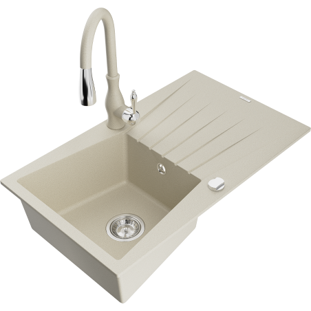 Mexen Cesar évier granit 1 bac avec égouttoir et robinet de cuisine Savita, beige - 6514-69-672601-69