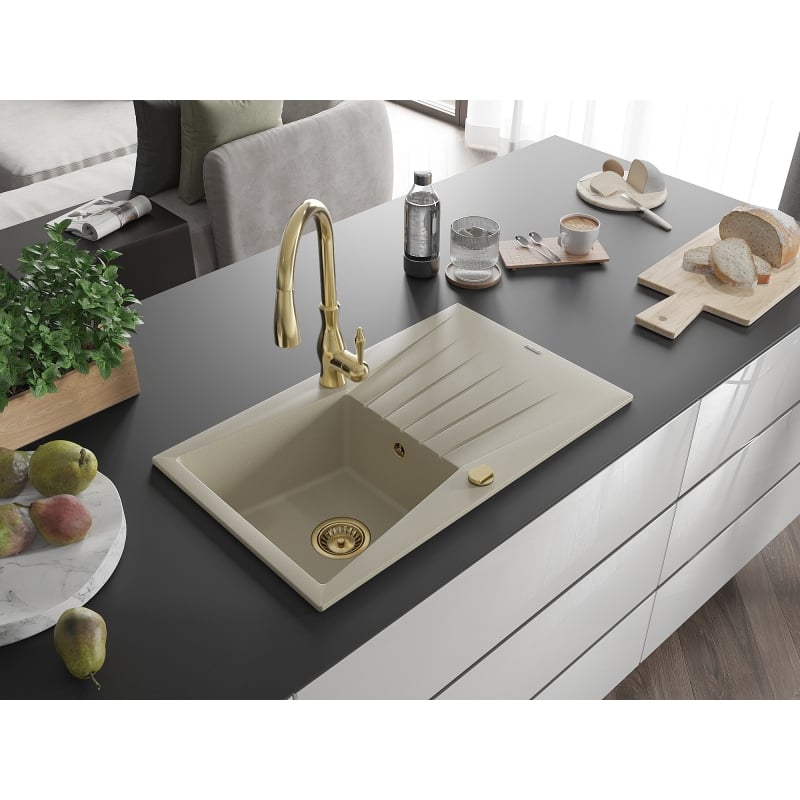 Mexen Cesar évier en granit 1 bac avec égouttoir et robinet de cuisine Savita, beige - 6514-69-672601-50