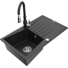 Mexen Cesar évier de cuisine en granit 1 bac avec égouttoir et robinet Savita, noir/métallique argenté - 6514-73-672601-70