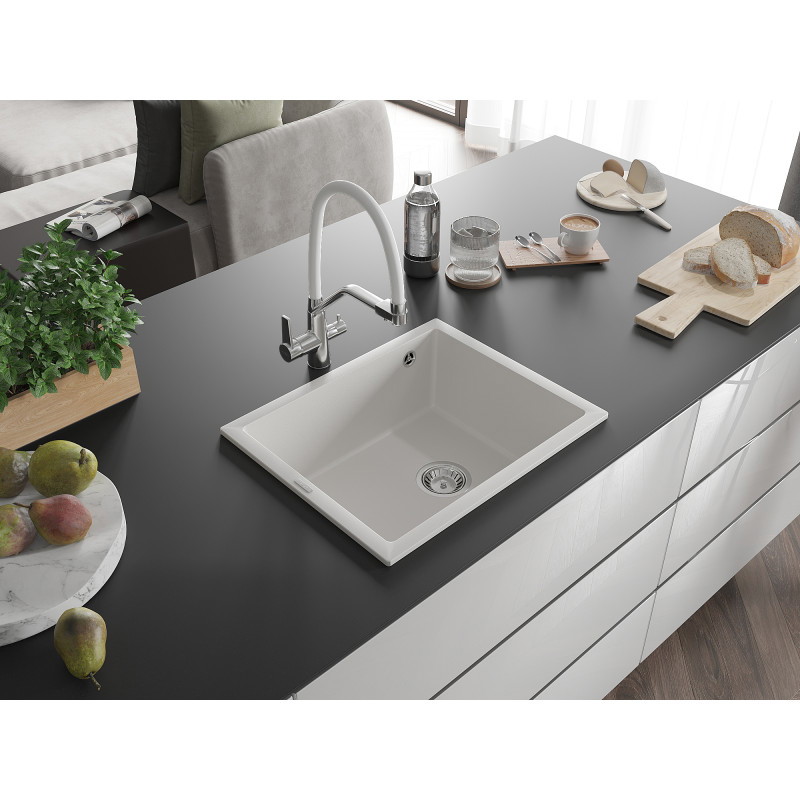 Mexen Pedro évier en granit 1 cuve 560 x 460 mm, blanc, siphon chromé - 6508561000-20