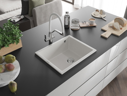 Mexen Pedro évier en granit 1 cuve 560 x 460 mm, blanc, siphon chromé - 6508561000-20