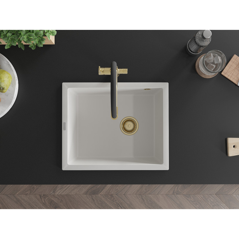 Mexen Pedro évier en granit 1 bac 560 x 460 mm, blanc, siphon doré - 6508561000-20-G