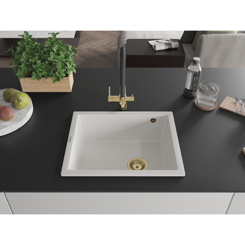 Mexen Pedro évier en granit 1 bac 560 x 460 mm, blanc, siphon doré - 6508561000-20-G