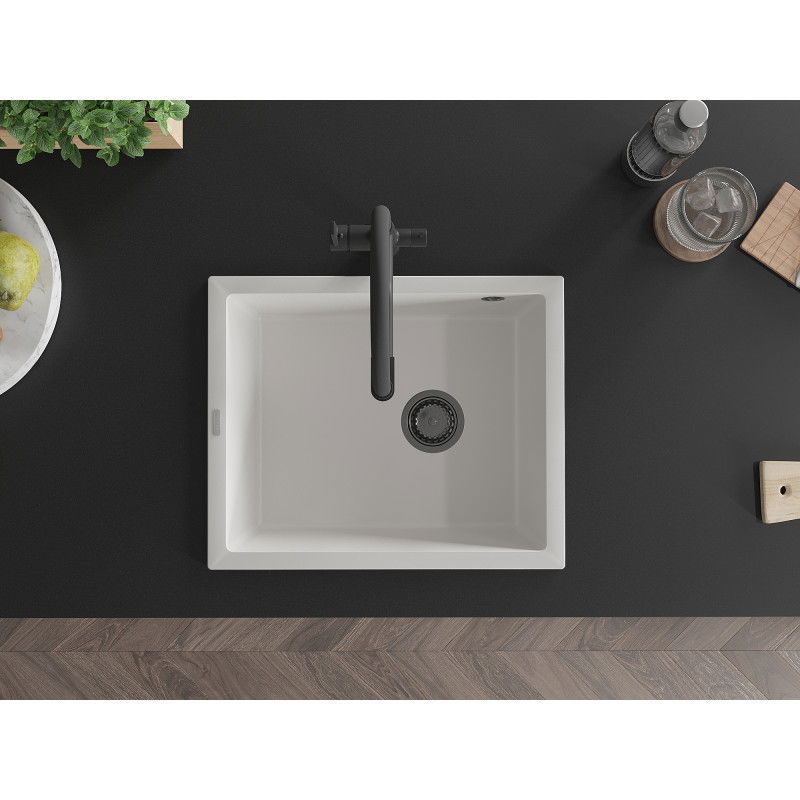 Mexen Pedro évier en granit 1 bac 560 x 460 mm, blanc, siphon noir - 6508561000-20-B