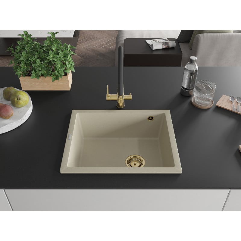 Mexen Pedro évier en granit 1 bac 560 x 460 mm, beige, siphon doré - 6508561000-69-G