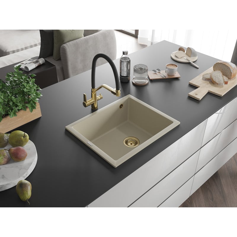 Mexen Pedro évier en granit 1 bac 560 x 460 mm, beige, siphon doré - 6508561000-69-G