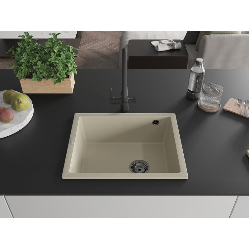 Mexen Pedro évier en granite à 1 bac 560 x 460 mm, beige, siphon noir - 6508561000-69-B