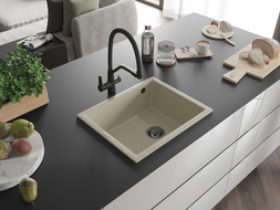 Mexen Pedro évier en granit à 1 cuve 560 x 460 mm, Beige, siphon Noir - 6508561000-69-B