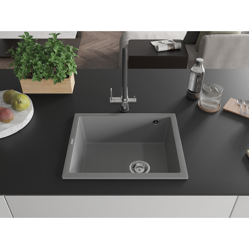 Mexen Pedro évier de cuisine en granit 1 bac 560 x 460 mm, gris, siphon chromé - 6508561000-71