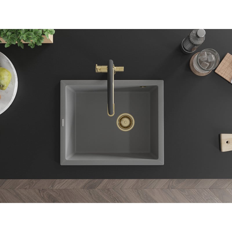 Mexen Pedro évier en granit 1 bac 560 x 460 mm, gris, siphon doré - 6508561000-71-G