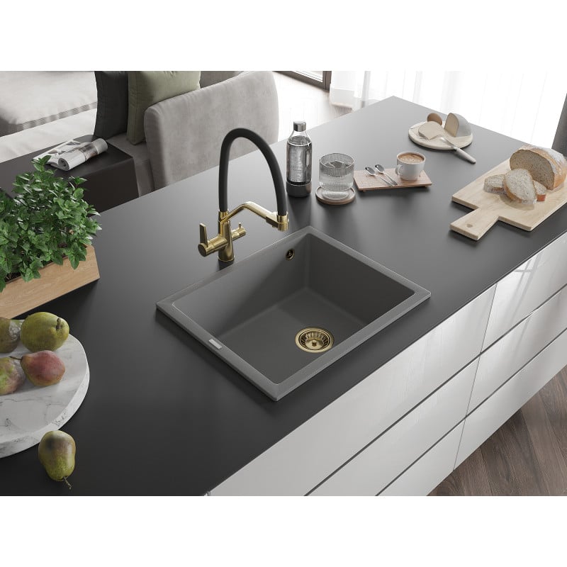 Mexen Pedro évier en granit 1 bac 560 x 460 mm, gris, siphon doré - 6508561000-71-G