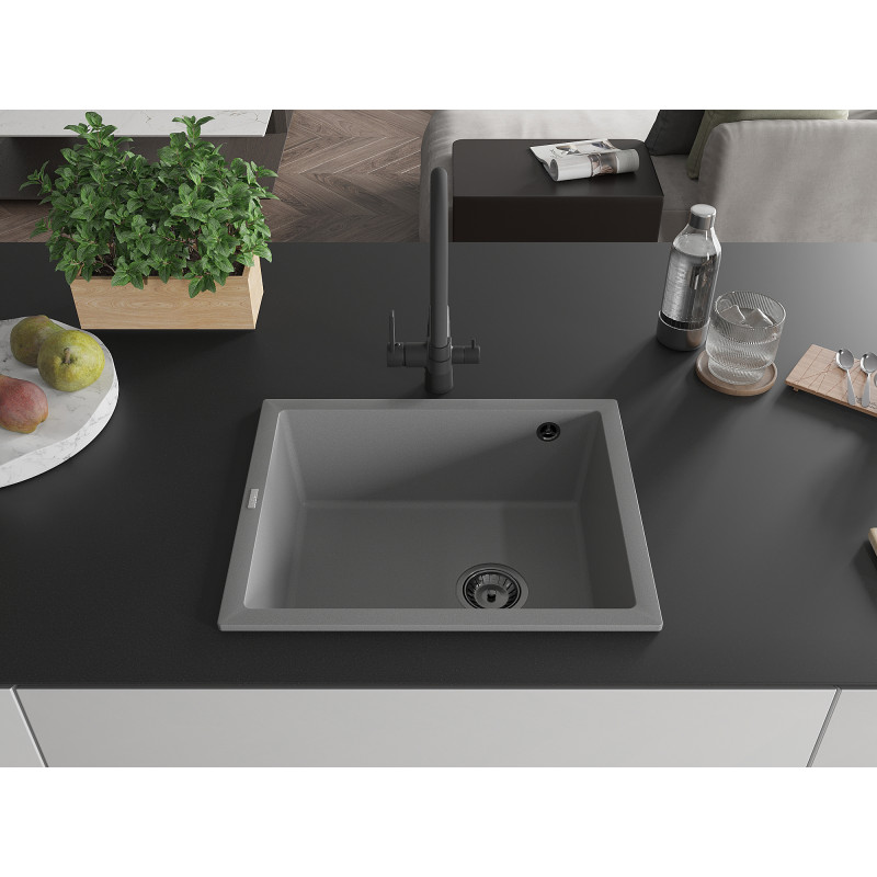 Mexen Pedro évier en granit 1 bac 560 x 460 mm, gris, siphon noir - 6508561000-71-B