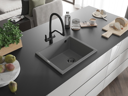 Mexen Pedro évier en granit à 1 cuve 560 x 460 mm, Gris, siphon Noir - 6508561000-71-B