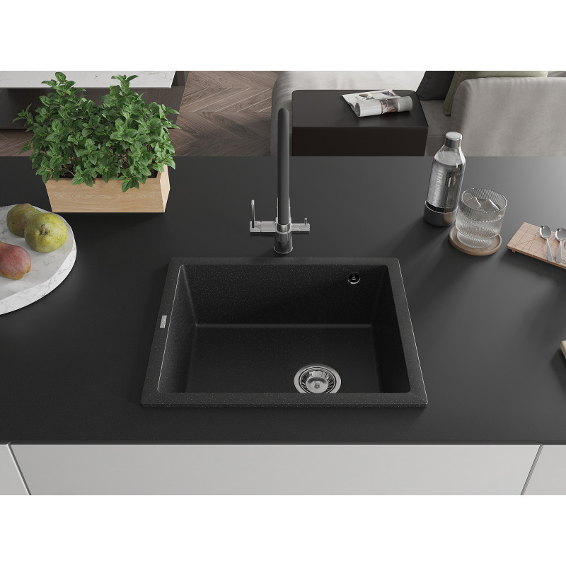 Mexen Pedro évier en granit 1 bac 560 x 460 mm, noir/métallisé argenté, siphon chromé - 6508561000-73