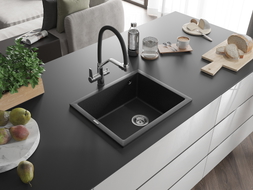Mexen Pedro évier en granit 1 bac 560 x 460 mm, noir/métallisé argenté, siphon chromé - 6508561000-73