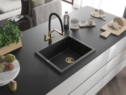 Mexen Pedro évier en granit à 1 cuve 560 x 460 mm, Noir/ Argent métallique, siphon Or - 6508561000-73-G
