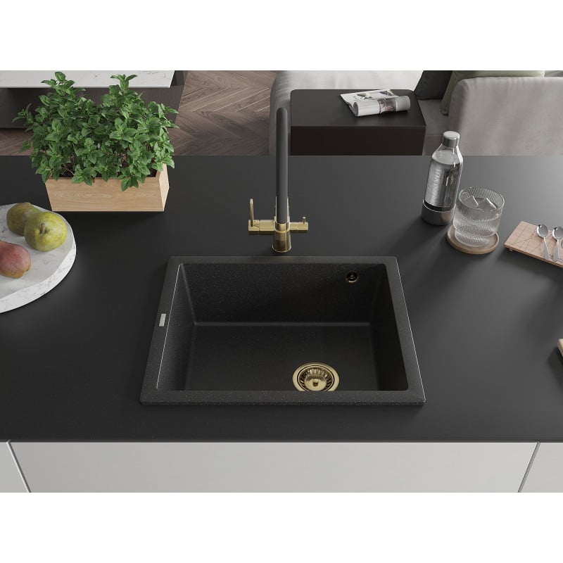Mexen Pedro évier en granit 1 bac 560 x 460 mm, noir/argenté métallisé, siphon doré - 6508561000-73-G
