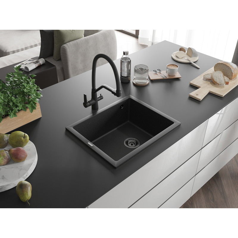 Mexen Pedro évier en granit 1 bac 560 x 460 mm, noir/argent métallisé, siphon noir - 6508561000-73-B