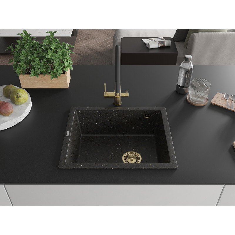 Mexen Pedro évier en granit 1 bac 560 x 460 mm, noir/doré métallisé, siphon doré - 6508561000-75-G