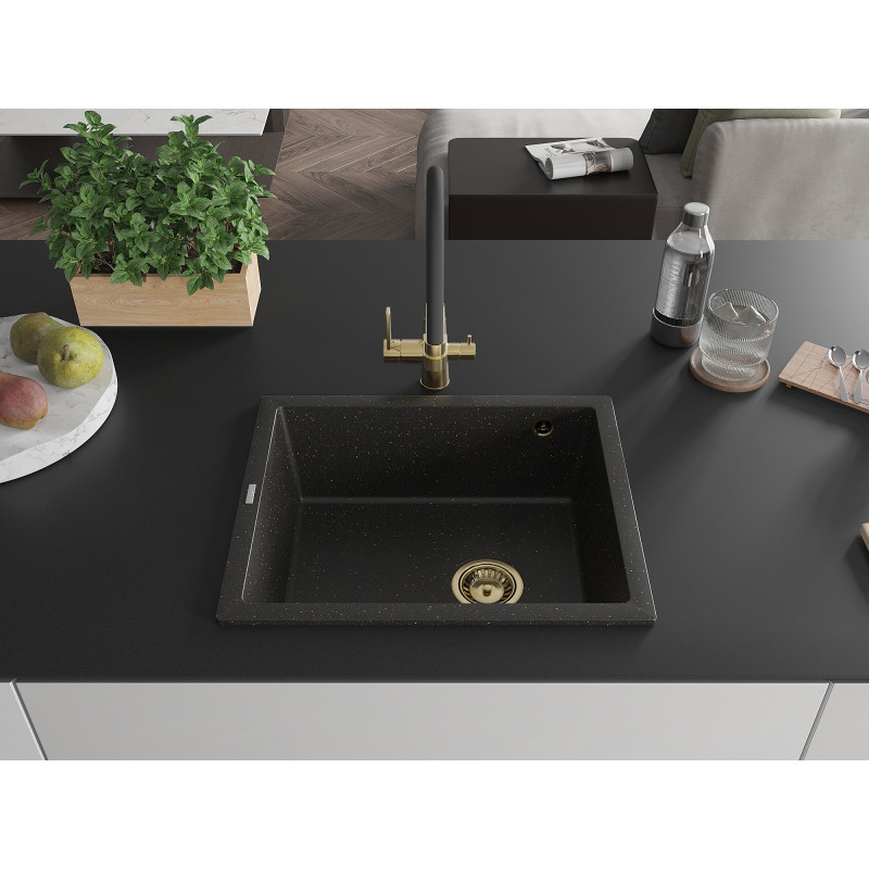 Mexen Pedro évier en granit 1 bac 560 x 460 mm, noir/or métallique, siphon doré - 6508561000-75-G
