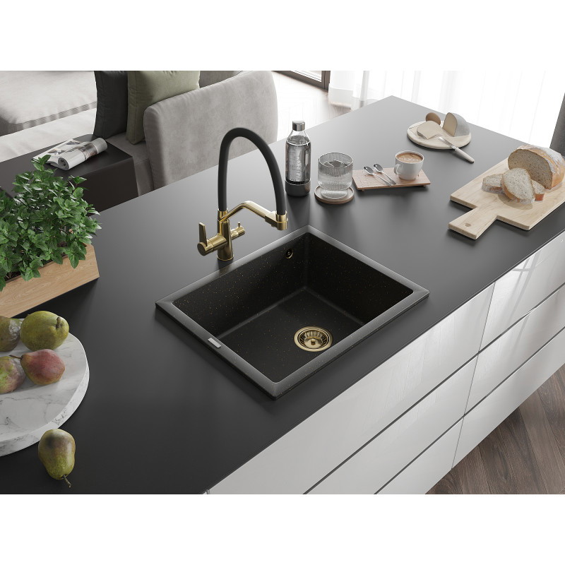 Mexen Pedro évier en granit à 1 bac 560 x 460 mm, noir/or métallique, bonde dorée - 6508561000-75-G