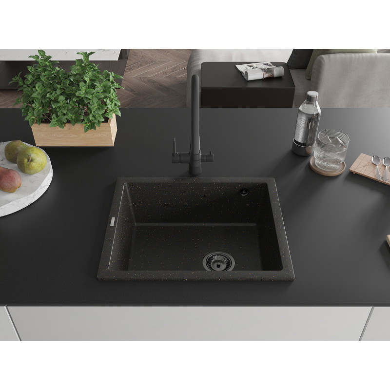 Mexen Pedro évier en granit à 1 bac 560 x 460 mm, noir/doré métallique, siphon noir - 6508561000-75-B
