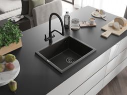 Mexen Pedro évier en granit à 1 bac 560 x 460 mm, noir/doré métallique, siphon noir - 6508561000-75-B
