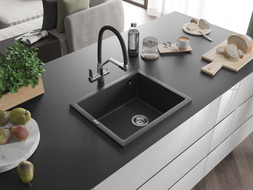 Mexen Pedro évier en granit à 1 bac 560 x 460 mm, noir moucheté, siphon chromé - 6508561000-76