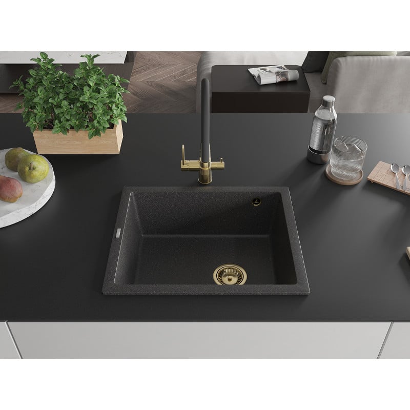 Mexen Pedro évier en granit 1 bac 560 x 460 mm, noir moucheté, siphon doré - 6508561000-76-G