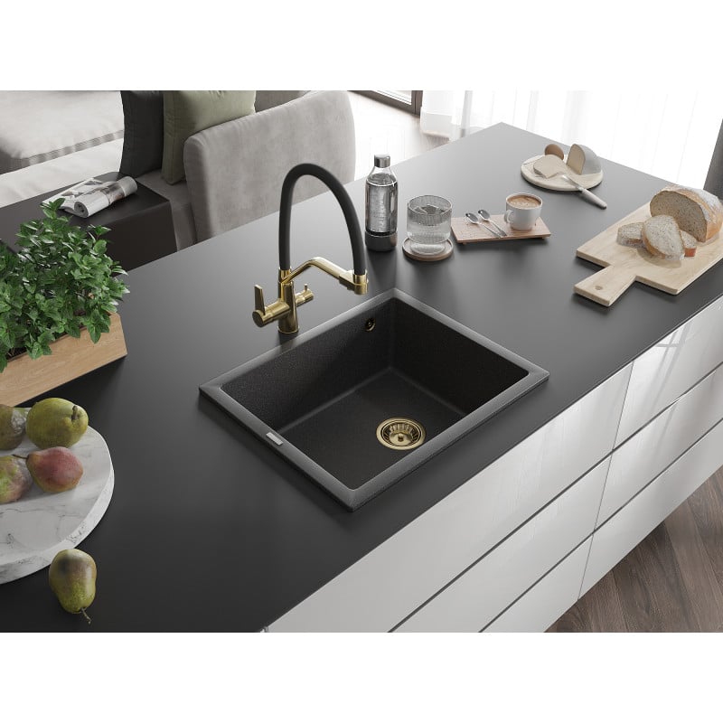 Mexen Pedro évier en granit 1 bac 560 x 460 mm, noir moucheté, siphon doré - 6508561000-76-G