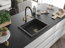 Mexen Pedro évier en granit à 1 cuve 560 x 460 mm, Noir moucheté, siphon Or - 6508561000-76-G