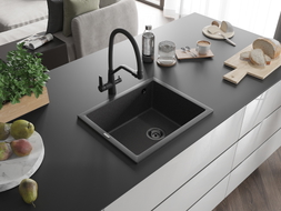 Mexen Pedro évier en granit à 1 bac 560 x 460 mm, noir moucheté, siphon noir - 6508561000-76-B