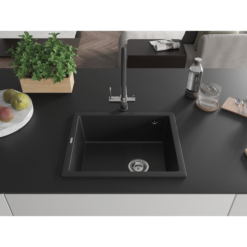 Mexen Pedro évier en granit 1 bac 560 x 460 mm, noir, siphon chromé - 6508561000-77