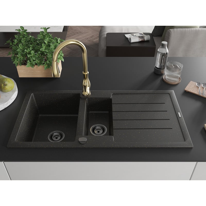 Mexen Andres évier en granit 1,5 bac avec égouttoir et robinet de cuisine Savita, noir/doré - 6515-75-672601-50-B